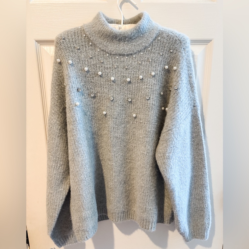Gray Turtleneck Sweater with Pearl Accents Super Soft New Without Tags